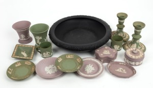 WEDGWOOD black basalt fruit bowl, green Jasperware candlesticks, vase and coffee ware, lilac Jasperware boxes, dishes and vase, 20th century, (15 items), the fruit bowl 30cm diameter