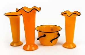 Bohemian orange Tango glass bowl and three vases, all with black trim, circa 1920s, (4 items), the largest 19.5cm high