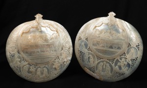 A pair of antique Italian carved pearl shell religious plaques with vignettes of saints, angels and The Last Supper, 19th century. Note: Antique staple and rivet restoration to one example. 16 x 15cm each overall