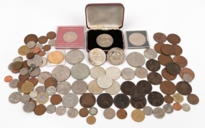 An accumulation of world coins including 5 x 1966 Australian 50c pieces, 3 x 1937 Australian crowns, 1974 American silver dollar, English crowns, pennies and decimal coins, (qty)