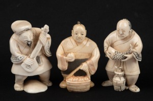 Three vintage Japanese carved ivory figural netsukes&nbsp;including lute player example, 20th century, the largest 6cm high