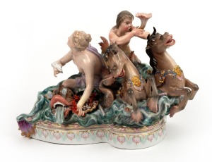 MEISSEN antique German porcelain figural group with Nautilus theme, most likely part of a larger table centrepiece, 19th century, blue cross sword mark to base, 25cm high, 30cm wide, 22cm deep