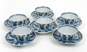 A set of six Chinese blue and white cups and saucers, 19th/20th century, the saucers 10cm diameter