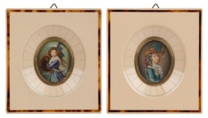 A pair of Italian hand-painted oval miniature portraits in ivory frames with tortoiseshell inlay, 20th century, 12 x 11cm each overall