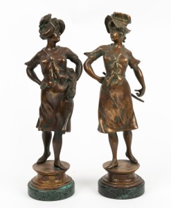 A pair of Belgian cast bronze statues of peasant girls, mounted on green marble bases, titled "Soir" and "Le Matin", 20th century, 37cm high