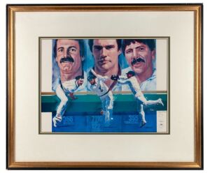 A print titled "The Record Breakers" a depiction of Lillee, Chappell and Marsh, Artwork by Mark Sofilas and personally dedicated by each of the three cricketers to Elton John (signatures and dedication somewhat faded), framed and glazed, overall 78cm x 93cm.