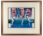 A print titled "The Record Breakers" a depiction of Lillee, Chappell and Marsh, Artwork by Mark Sofilas and personally dedicated by each&nbsp;of the three cricketers to Elton John (signatures and dedication somewhat faded), framed and glazed, overall 78cm x 93