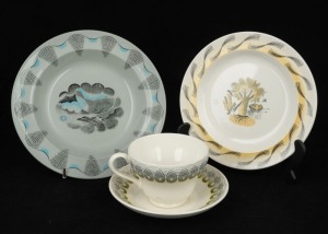 WEDGWOOD "TRAVEL" English porcelain&nbsp;bowl designed by RAVILIOUS, together with a cup, saucer and plate, (4 items), circa 1930s, factory mark&nbsp;to base, ​​​​​​​the bowl 20.5cm diameter