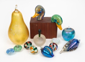 Iridescent art glass fruit and shell ornaments, English art glass pear, unusual duck ornament with timber plinth, glass spinning tops, etc., (12 items), the pear 19cm high