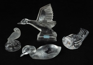 WATERFORD CRYSTAL bird ornament, BACCARAT French crystal duck, DURAND French crystal flying duck ornament and a bird ornament, (4 items), the largest 11cm high