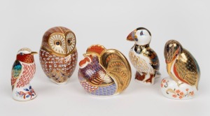 ROYAL CROWN DERBY barn owl, puffin, rooster, kingfisher and honeyeater porcelain bird ornaments, (5 items), factory marks and buttons to base, the largest 12cm high