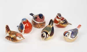 ROYAL CROWN DERBY group of six porcelain bird ornaments, factory marks and buttons to base, the largest 7cm high