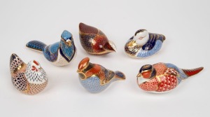 ROYAL CROWN DERBY group of six porcelain bird ornaments including duck, rooster and pheasants, factory marks and buttons to base, the largest 15cm long