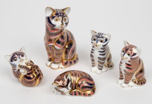 ROYAL CROWN DERBY group of five porcelain cat ornaments, factory marks and buttons to base, the largest 13cm high