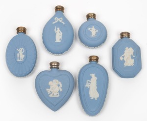WEDGWOOD blue Jasper ware group of six perfume bottles, the largest 8.5cm high