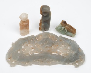 A Chinese carved mutton jade ornament; together with three Chinese carved jade amulets, unknown ages, (4 items), ​​​​​​​the largest 18cm wide