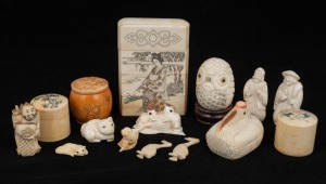 Assorted carved ivory and bone ornaments, boxes etc., 20th century, (15 items), the largest 10cm high