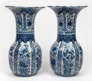 DELFT Dutch porcelain pair of blue and white floral mantle vases with flared rims, 20th century, sphinx mark to base, 34cm high