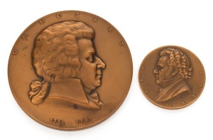 MOZART bronze plaque (75mm), together with a SCHUBERT bronze plaque (40mm), (2 items)