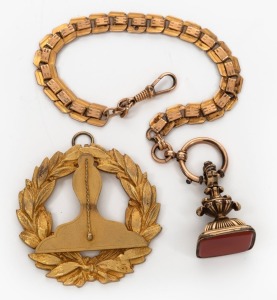 An antique gold-plated fob watch chain with antique Carnelian seal; together with a gilded sterling silver masonic badge, (2 items)