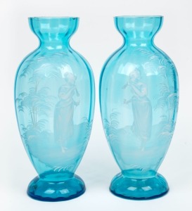 MARY GREGORY pair of antique blue glass mantle vases, 19th century, ​​​​​​​32.5cm high