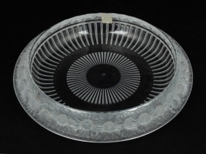 LALIQUE French frosted glass fruit bowl with floral decoration, engraved "Lalique France" with original foil label, 36cm diameter