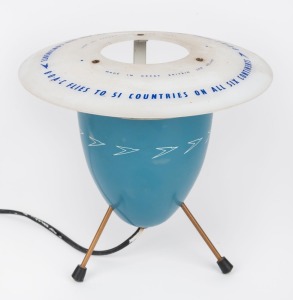 BRITISH AIRWAYS vintage anodised blue metal table lamp​​​​​​​ with perspex shade emblazoned "B.O.A.C. Flies to 51 Countries on all Six Continents", circa 1960, 21cm high, 24cm wide