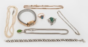 A vintage 9ct yellow gold necklace (4 grams), a 9ct white gold bracelet (2.8 grams), a vintage 9ct yellow gold and opal ring (1.8 grams), a vintage gold cased lady's wristwatch, silver pendants (one on a chain), and a cultured pearl necklace, (8 items)