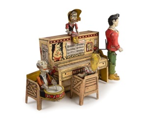 Vintage American tin-plate clockwork piano band toy, circa 1945, ​​​​​​​20cm high