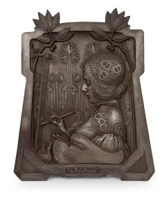 "La Peintre" antique French Art Nouveau cast metal plaque, 19th/20th century, 52 x 44cm&nbsp;