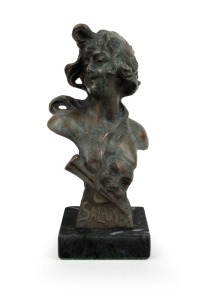 FRANZ IFFLAND (France, 1862-1935), "Salambo" cast bronze and marble Art Nouveau bust on green marble base, circa 1900, 20.5cm high.