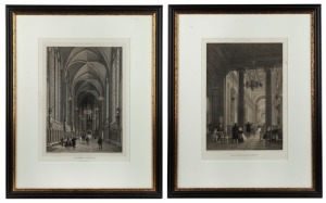 A pair of antique French engravings depicting the interior of Notre Dame, titled "La Sainte Chapelle" and "Eglise Notre Dame de Lorette", 19th century, 41 x 29cm, 64 x 51cm each overall
