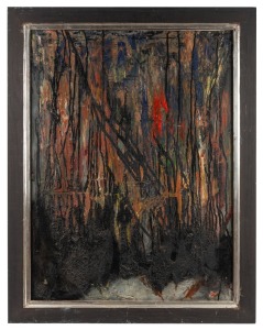ARTIST UNKNOWN, untitled abstract landscape, mid 20th century, oil on board, 81 x 59cm, 92 x 72cm overall