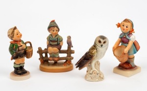 GOEBEL German porcelain owl statue; together with three GOEBEL "Hummel" porcelain children figures, (4 items), factory marks to bases, the largest 10cm high