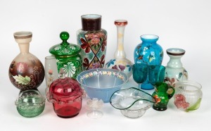Sixteen assorted pieces of vintage and antique glassware including hand-painted vases, lidded jars, bowls, etc., 19th and 20th century, the largest 23cm high