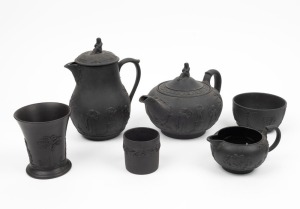 WEDGWOOD basalt teapot, hot water pot, milk jug, sugar basin, vase and beaker, 19th and 20th century,&nbsp;(6 items), impressed factory marks, the largest 18cm high