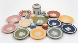 WEDGWOOD coloured Jasperware dishes, trinket boxes, miniature vase and lidded jar, 20th century, (19 items), the jar 12cm high
