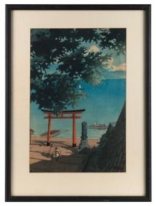 Three vintage Japanese woodblock prints, ​​​​​​​the largest 50 x 36cm overall