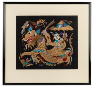 Six assorted framed Chinese paintings and embroideries, mixed vintages, ​​​​​​​the largest 41 x 43cm overall