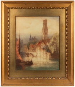 An antique coloured lithograph print of a European scene, 19th century, 63 x 53cm overall
