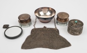 Filigree silver box, Dutch silver hand-mirror, Christofle French silver plated bowl, pair of faceted crystal trinket boxes with silver plated lids and a silver plated mesh purse, 19th and 20th century, (6 items), ​​​​​​​the mirror 10.5cm long overall