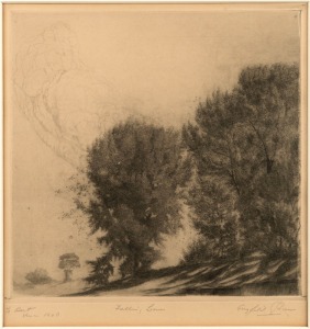 ARTIST UNKNOWN, Falling Leaves, dry point etching, signed lower (illegible), titled in the lower margin with endorsement lower left "To Burt, Xmas, 1940", 24 x 22cm, 45 x 41cm overall