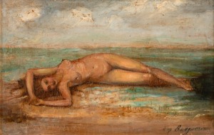 ARTIST UNKNOWN, (the wave), oil on cedar panel, signed lower right "Bouguereau (?)", 11.5 x 18cm, 24 x 30cm overall