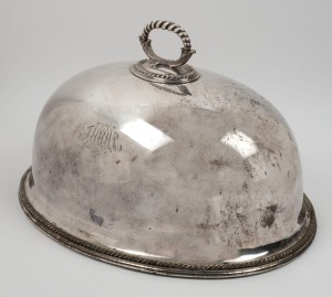 An antique English Sheffield plate meat dish cover with engraved monogram and griffin crest, 19th century, 30cm high, 50cm wide