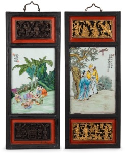 A pair of vintage Chinese porcelain panels in carved timber frames with red and gilt highlights, 20th century, 72 x 29cm each overall