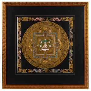 A Tibetan thangka, 20th century, framed and mounted 59 x 59cm overall