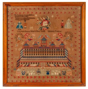 An antique English child's needlework sampler, depicting "Solomon's Tempel Lucyann Shaws Work done 1845" in later cedar frame, 64 x 63cm, 72 x 70cm overall.&nbsp;&nbsp;