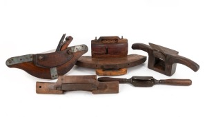 COOPER'S TOOLS: Five assorted planes and spoke shaving tools, 19th/20th century, the largest 40cm long