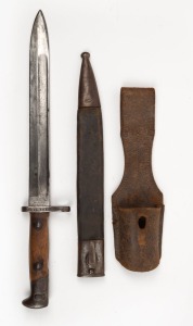 WW1 period Solingen German bayonet in metal scabbard with leather belt fitting, 37cm long