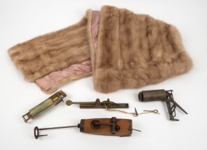 GOFFER GUNS. Four user made examples, two in the antique style, together with a fur stoll, 20th century, (5 items)